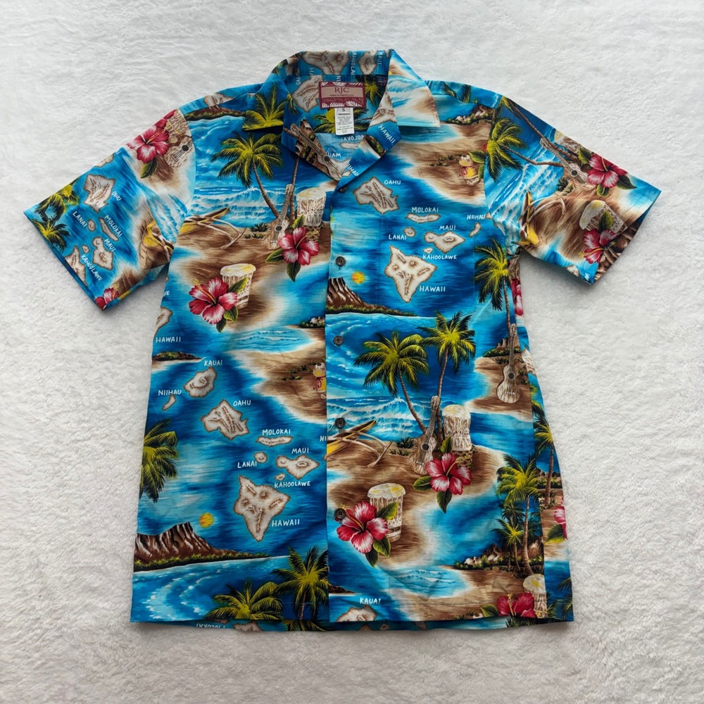 RJC Mens Hawaiian Shirt Small Blue Tropical Island Map Floral Cotton Made in USA